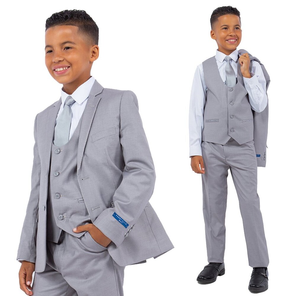 5-Piece Perry Ellis Portfolio Boys Slim Fit Solid Suit, Light Grey